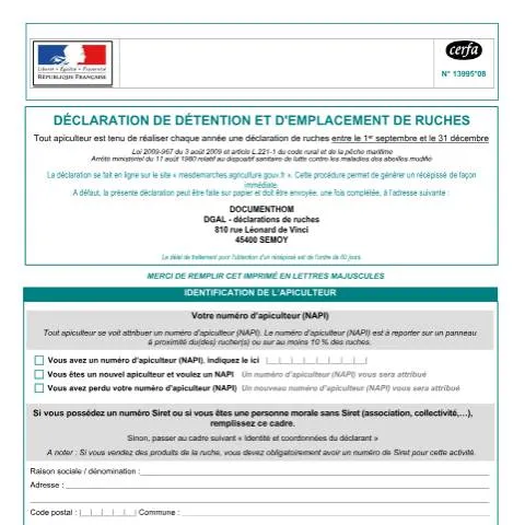 Aperçu du document Déclaration obligatoire des ruches : procédure et réglementation — Démarches administratives (CERFA n°13995*07)