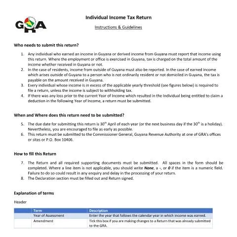Document preview: Guide to Filing the Income Tax Return with Guyana Revenue Authority — Taxes