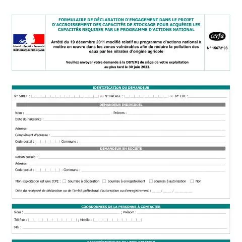 Aperçu du document Comment déclarer son projet de stockage agricole en France — Démarches administratives (CERFA n°15672*03)