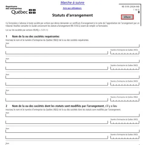 Document preview: Understanding the RE-518 Statuts d’arrangement Form in Quebec (French) — Government & admin (RE-518)