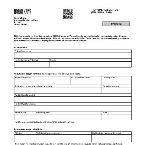 Document preview: Ymmärrä Tilinumeroilmoitus , muu kuin IBAN (7201) — Hallinnolliset asiat (CERFA n°Vero 7201)