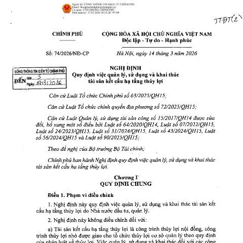 Document preview: Quy định mới về quản lý tài sản thủy lợi tại Việt Nam — Ngân hàng & tài chính (CERFA n°74/2026/NĐ-CP)