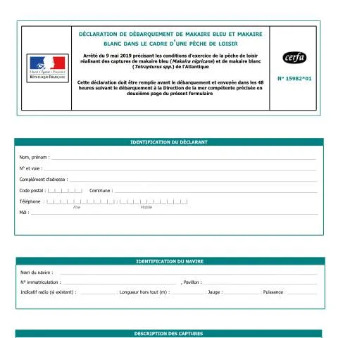 Aperçu du document Formulaire 15982*01 : déclarer la capture de marlins en pêche — Démarches administratives (CERFA n°15982*01)
