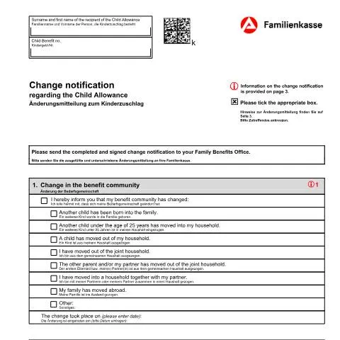 Dokumentvorschau: Wichtige Änderungen im Familienleben melden - KiZ 45 Formular — Familie (CERFA n°aenderungsmitteilung-zum-kinderzuschlag-kiz-45-englisch_ba047468)