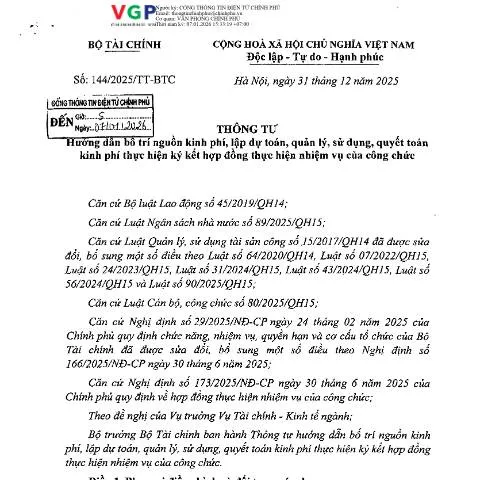 Document preview: Thông tư 144/2025/TT-BTC: Hướng dẫn quản lý kinh phí công chức — Thủ tục hành chính (CERFA n°144/2025/TT-BTC)