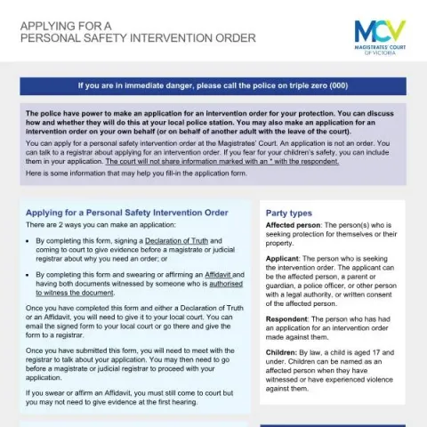Document preview: Applying for a Personal Safety Intervention Order in Victoria — Legal & justice (PSIO1)