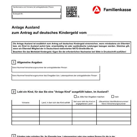 Dokumentvorschau: Wichtige Informationen zur Anlage Ausland im Kindergeldverfahren — Familie (CERFA n°kg51-ju-anlageausland_ba032465)