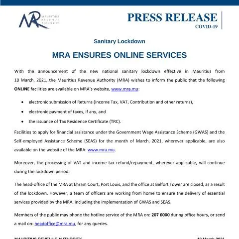 Document preview: Navigating MRA's Online Tax Services for Efficient Compliance — Government & admin (PressReleaseOnlineServices190321)