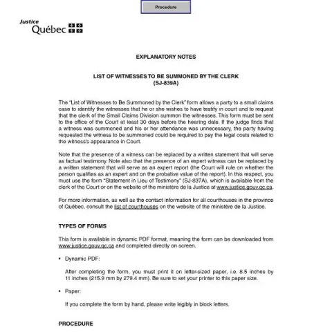 Document preview: Understanding the Quebec Small Claims Witness List (SJ-839A) — Legal & justice (SJ-839A)