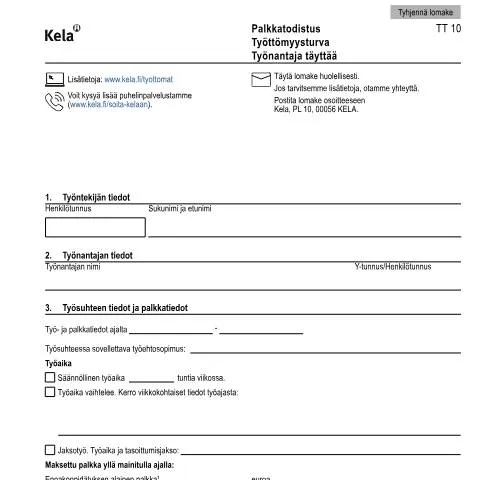 Document preview: Työttömyysturvan Palkkatodistus ja sen merkitys — Työ & työllisyys (CERFA n°Kela TT 10)