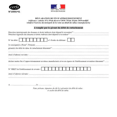 Aperçu du document Formulaire 15591*01 : cessation d'activité d'un débit de tabac — Démarches administratives (CERFA n°15591*01)
