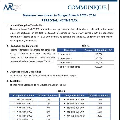 Document preview: Mauritius Budget 2023-2024: Personal Income Tax Reforms — Taxes (CERFA n°CommuniqueBudgetMeasures080623)