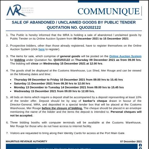 Document preview: Mauritius Revenue Authority Announces Sale of Unclaimed Goods via — Government & admin (CommuniqueQUO202122)
