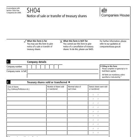 Document preview: Treasury Share Disposal Notifications: SH04 Form Requirements — Business