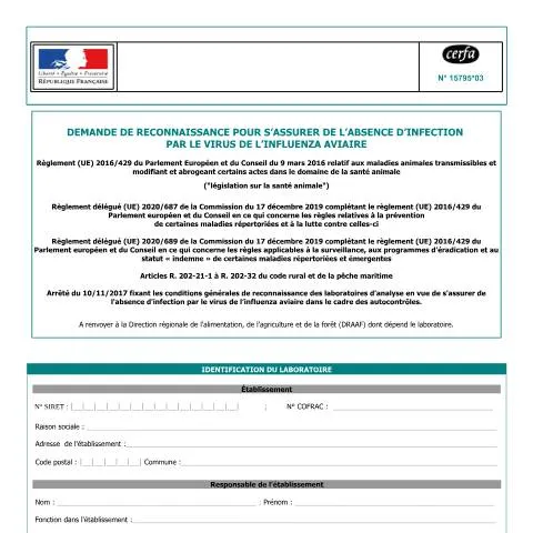 Aperçu du document Reconnaissance officielle d'absence d'influenza aviaire — Démarches administratives (CERFA n°15795*03)