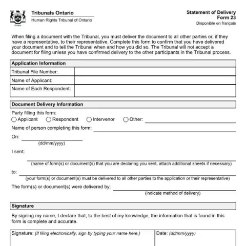 Document preview: Guide to the Statement of Delivery (Form 23) for Ontario HRTO (English / French) — Legal & justice (Form 23)