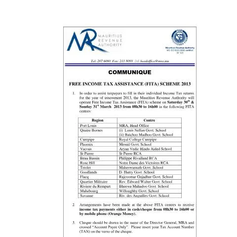 Document preview: Mauritius Revenue Authority Announces Free Income Tax Assistance 2013 — Taxes (CERFA n°CommuniqueFITA2013a)