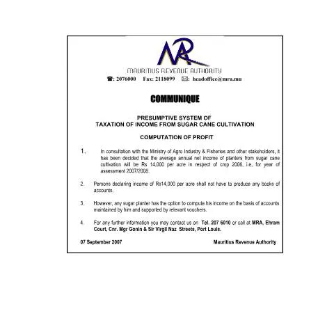 Document preview: Mauritius Official Notice on Sugar Cane Income Taxation 2007 — Taxes (CERFA n°CommuniqueSugar)