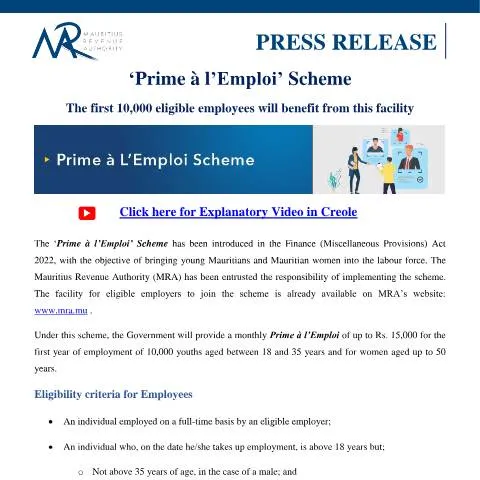 Document preview: Understanding the Prime à l’Emploi Scheme in Mauritius — Work & employment (CERFA n°PressReleasePrimeEmploi290922)