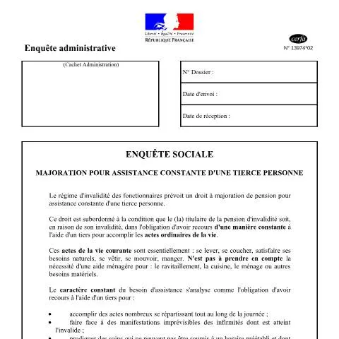 Aperçu du document Procédure d'enquête sociale pour l'assistance constante d'une tierce — Aides & prestations sociales (CERFA n°13974*02)