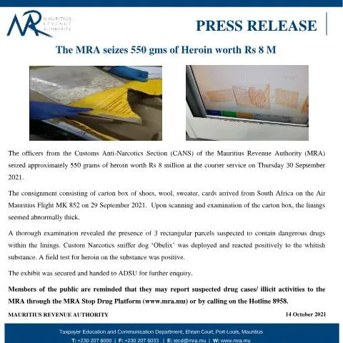 Document preview: MRA's Major Drug Seizure: 550g of Heroin Captured — Government & admin (PressRelease141021)