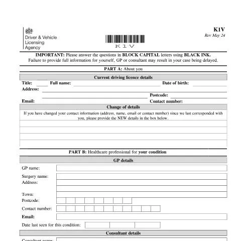 Document preview: K1V Medical Declaration: Kidney Disease Requirements for UK Drivers — Health