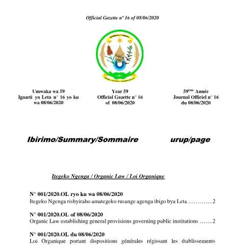 Document preview: Understanding Rwanda's Organic Law on Public Institutions — Government & admin (CERFA n°16_OG_n_16_of_08_06_2020_Ibigo_bya_Leta_fpyqhl_f47a3e98b4)