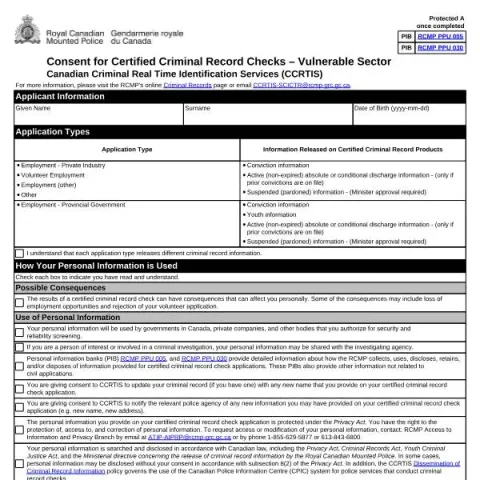 Document preview: RCMP Consent Form for Vulnerable Sector Checks — Legal & justice (6675e)