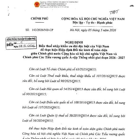 Document preview: Nghị định 143/2026/NĐ-CP: Thúc đẩy thương mại Việt Nam - UAE — Thủ tục hành chính (CERFA n°143/2026/NĐ-CP)