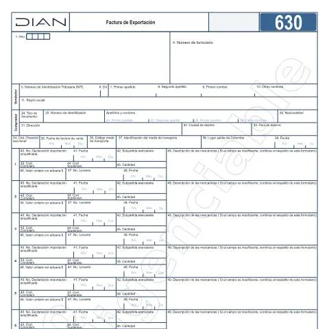Vista previa del documento Importancia de la Factura de Exportación F630-2024 en Colombia — Aduanas y comercio (CERFA n°F630-2024)