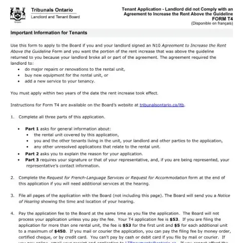 Document preview: Understanding the T4 Application for Rent Increase Disputes in Ontario (English / French) — Housing (FORM T4)