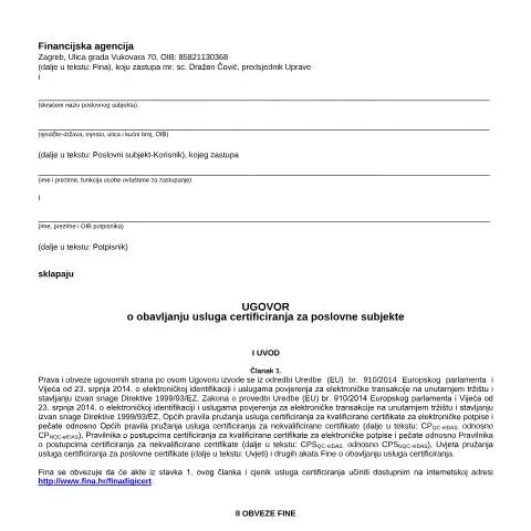 Document preview: Ugovor o certificiranju za poslovne subjekte i njegova važnost — Administrativni postupci (CERFA n°UgovorPoslovnieIDAS)