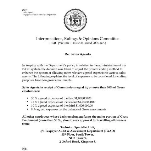 Document preview: Understanding the 2005 IROC.IT Sales Agent Form in Jamaica — Taxes (CERFA n°2005+iroc.it+-+sales+agent)