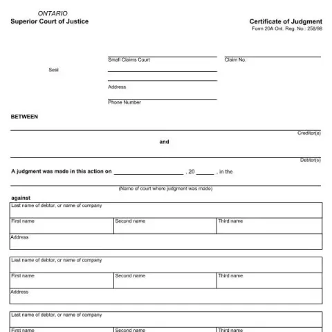 Document preview: Understanding the Certificate of Judgment in Ontario — Legal & justice (Form 20A)