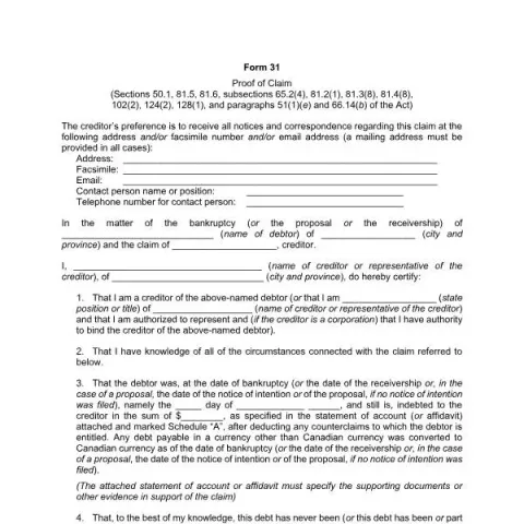 Document preview: Understanding the Proof of Claim (Form 31) in Canadian Bankruptcy — Legal & justice (Form 31)