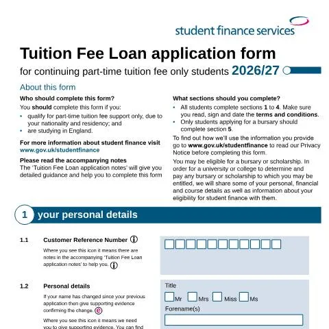 Document preview: Continuing Part-Time Students: Tuition Fee Only Loan Applications — Education & training