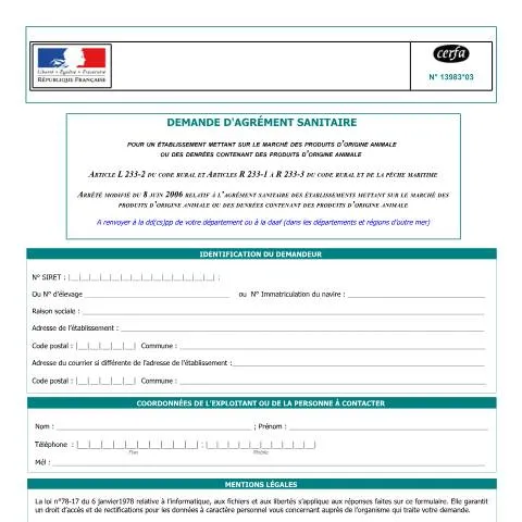 Aperçu du document Comment obtenir l'agrément sanitaire pour produits d'origine animale — Santé (CERFA n°13983*03)