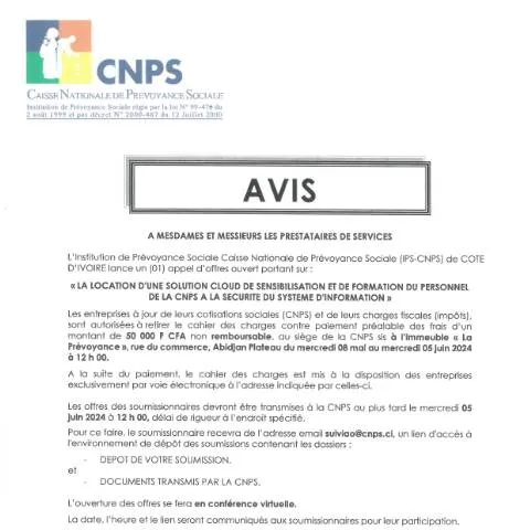 Aperçu du document Location d'une Solution Cloud pour la Sécurité à la CNPS — Démarches administratives