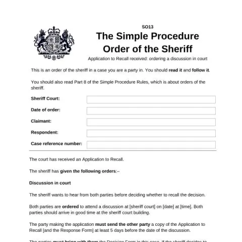 Document preview: How to Submit an Application to Recall in Scottish Courts — Legal & justice (Standard Order 13)