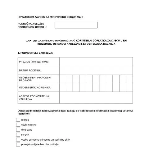 Document preview: Zahtjev za dostavu informacija o doplatku za djecu u RH — Mirovina i penzija (CERFA n°Tiskanica_br_1_17-Zahtjev-za dostavu-inf)
