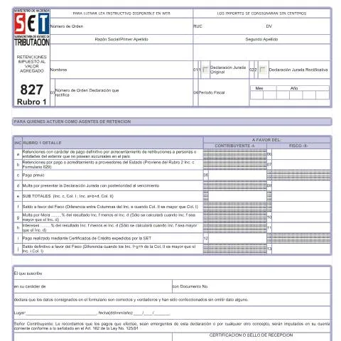Vista previa del documento Formulario 827 Rubro 1 para declaraciones juradas en Paraguay — Impuestos (CERFA n°F827)