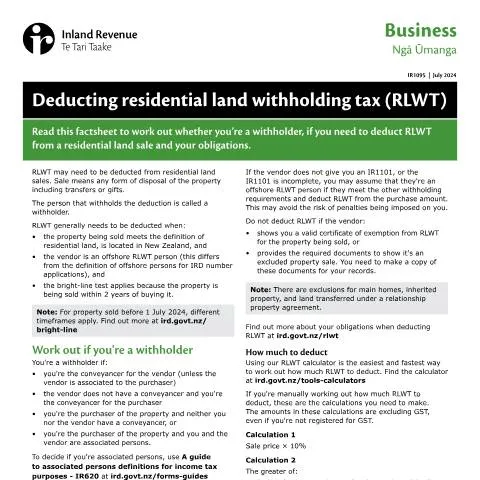Document preview: Navigating the RLWT Process: A Guide for New Zealand Property Vendors — Taxes (CERFA n°IR1095)