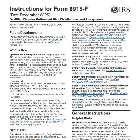 Document preview: Navigating IRS Form 8915-F for Disaster-Affected Taxpayers — Taxes (CERFA n°INST-8915F)