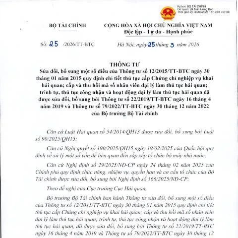 Document preview: Tìm hiểu thông tư 25/2026/TT-BTC về chứng chỉ khai hải quan — Thủ tục hành chính (CERFA n°25/2026/TT-BTC)