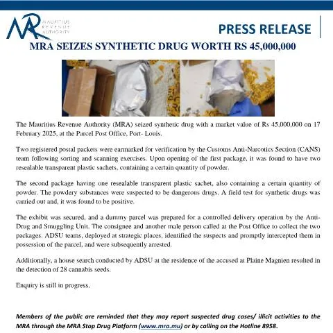 Document preview: Mauritius Revenue Authority's Major Drug Seizure Explained — Government & admin (DrugsSeizure200224)