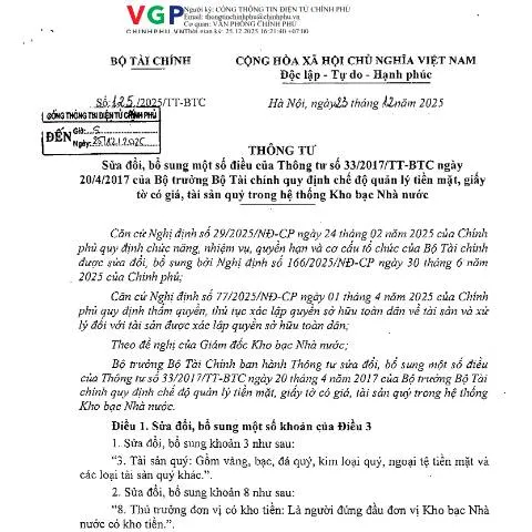 Document preview: Những điểm mới trong Thông tư 125/2025/TT-BTC về quản lý tiền mặt — Thuế & tài chính (CERFA n°125/2025/TT-BTC)