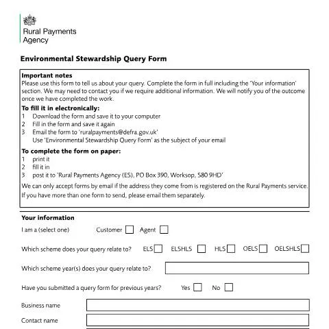 Document preview: Navigating the Environmental Stewardship Scheme Query Form — Government & admin