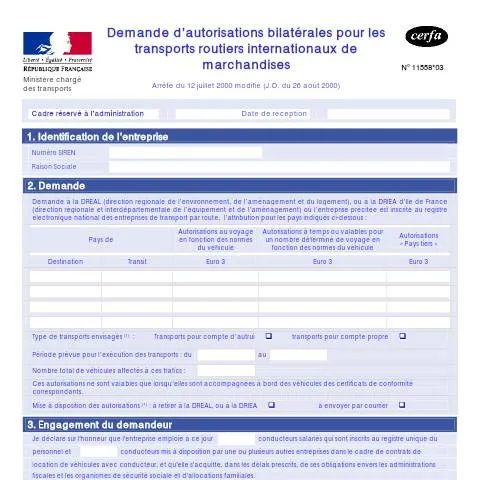 Aperçu du document Autorisations bilatérales : démarches pour le transport international — Démarches administratives (CERFA n°11558*03)