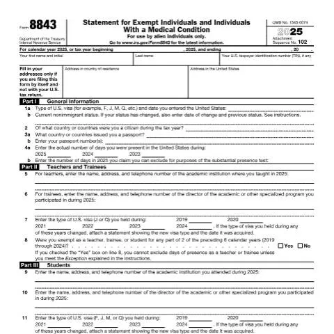 Document preview: Understanding IRS Form 8843 for Non-Residents — Taxes (CERFA n°8843)