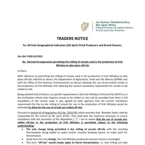 Document preview: Revised Off-Site Milling Regulations for Irish Whiskey — Government & admin